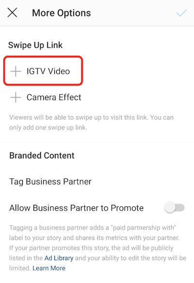 опции на менюто на instagram, за да добавите връзка с плъзгане нагоре с подчертана опция за видео IGTV