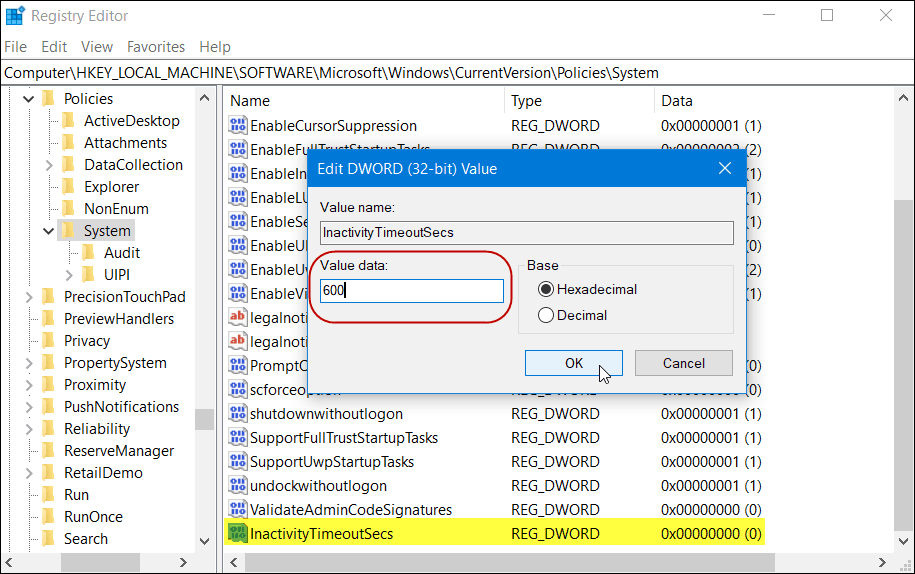 Регистрация на Windows 10 Home IactivityTimeoutSecs