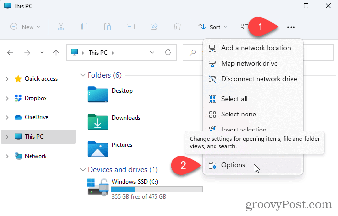 Отворете Опции във File Explorer