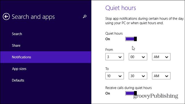 Тихи часове в Windows 8.1 ви позволява да деактивирате известията за приложения