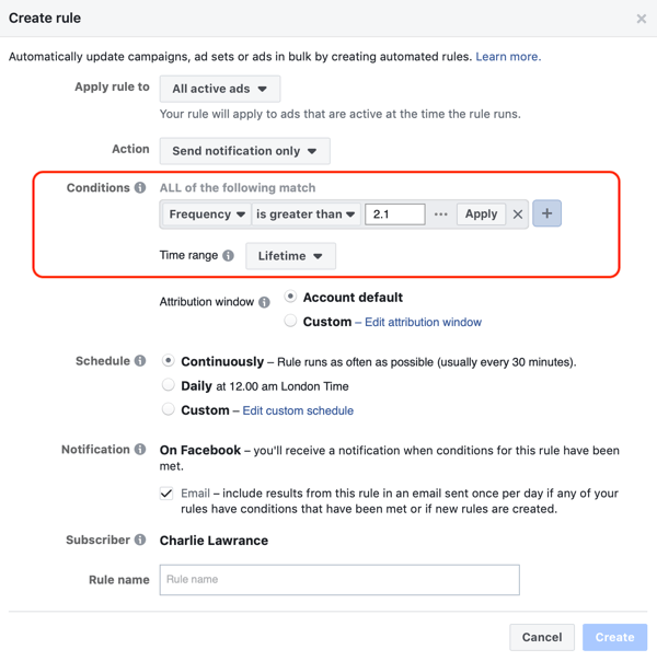 Използвайте автоматизирани правила на Facebook, уведомяване при честота на рекламите над 2.1, стъпка 2, настройки на условията