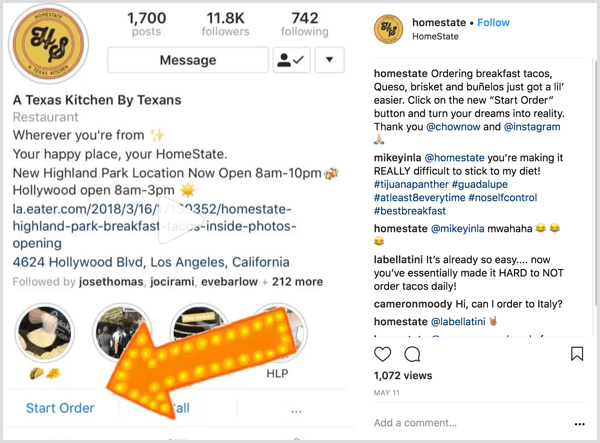 пример за бизнес публикация в Instagram, която показва на потребителите как да използват бутона за действие „Стартиране на поръчката“