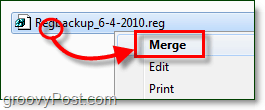 сливане на регистър файл, за да го възстановите в Windows 7 и Vista