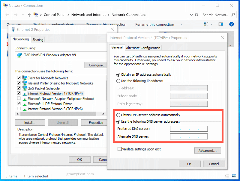 Прозорецът за настройки на DNS за мрежова връзка в Windows 10