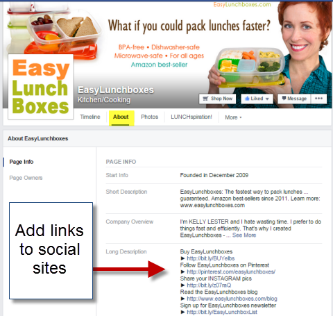 социални връзки в раздела за страница за лесни кутии за обяд във Facebook