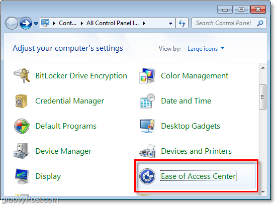 Влезте в Центъра за лесен достъп през контролния панел на Windows 7