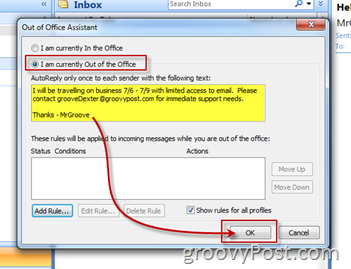 Разрешете Включване на автоматичния отговор на асистент извън офиса на Microsoft Outlook