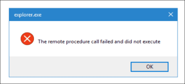 Пример за грешка при неуспешно извикване на отдалечена процедура при стартиране на File Explorer.