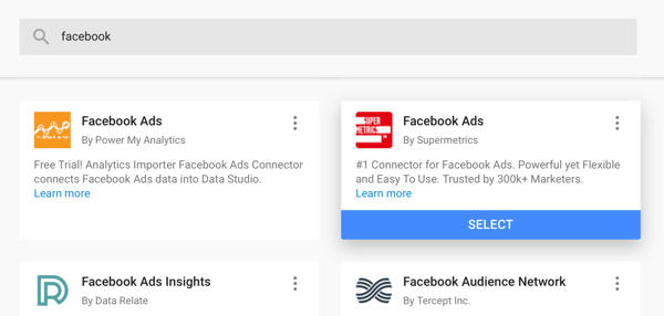 Използвайте Google Data Studio, за да анализирате рекламите си във Facebook, стъпка 4, опция за използване на съединител за реклами във Facebook от Supermetrics като източник на данни
