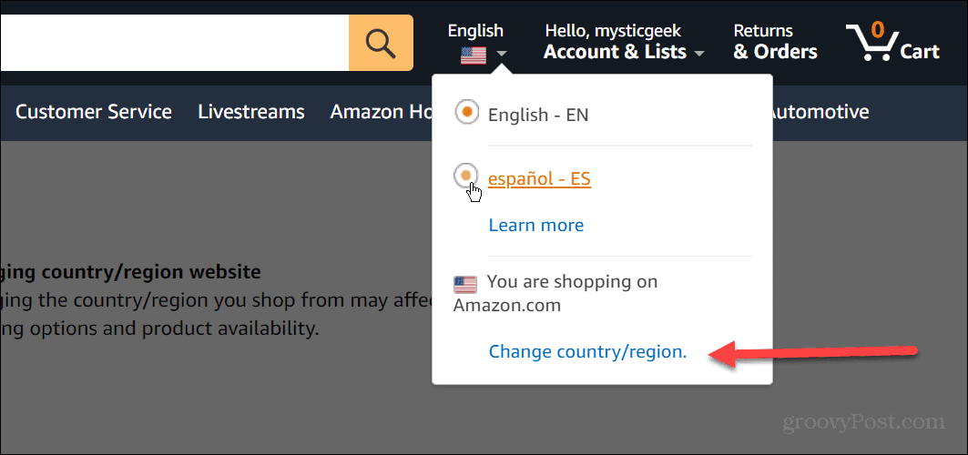 Промяна на езика на Amazon
