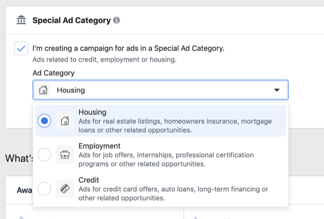 Опции за специална категория реклами на Facebook в падащото меню на категория реклами