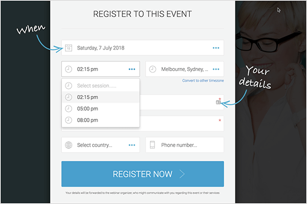 Андрю Хъбард използва вечнозелен уебинар, така че потенциалните клиенти да изберат удобно време за регистрация. Този формуляр за регистрация позволява на хората да избират от 11:45, 14:00 или 17:00.