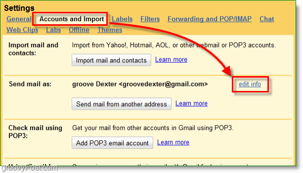 щракнете върху вашите имейл акаунти в Google и бутона за импортиране и след това редактирайте информация