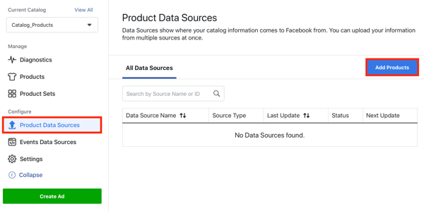 Използвайте инструмента за настройка на събития във Facebook, стъпка 22, опция от менюто, за да добавите продукти чрез раздела за източници на данни за продукти във Facebook
