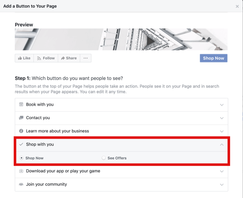стъпка 1 от това как да добавите бутона „Пазарувайте сега“ към страницата във Facebook за пазаруване в Instagram