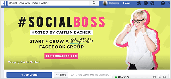 Груповата снимка на Facebook за социалния бос, организирана от Кейтлин Бахер, има жълт фон, розови акценти върху текста и снимка на Кейтлин, която вдига яка на ризата си.