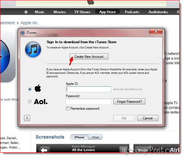 iTunes - Щракнете върху Създаване на нов акаунт