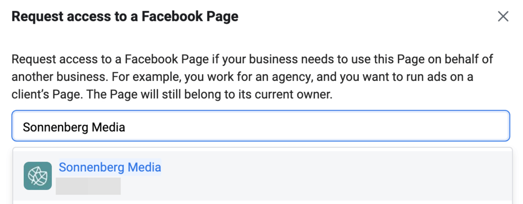 изображение на екрана за заявка за достъп до страница във Facebook в Meta Business Manager