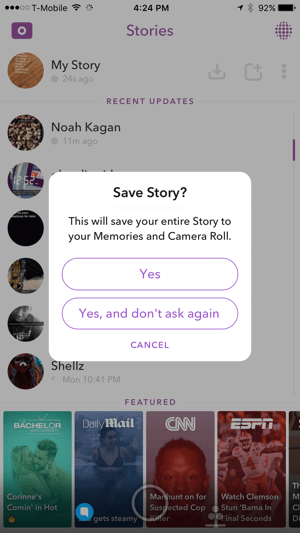 Докоснете Да, за да запазите вашата Snapchat история.
