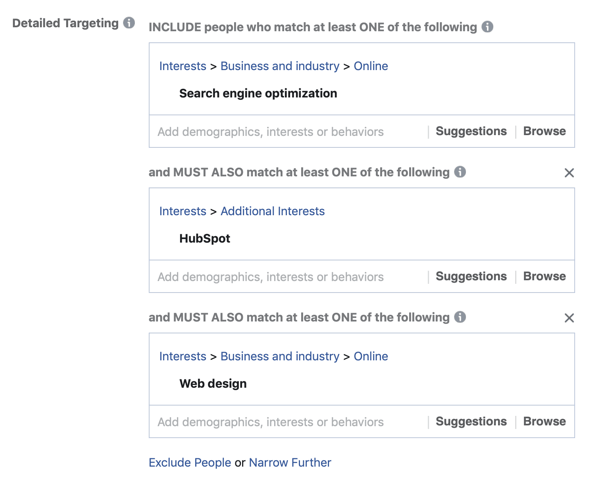 Пример за добавяне на трети слой от вашите резултати в интересите на аудиторията на вашите реклами във Facebook, като се използва второ поле ЗА СЪЩО СЪЩО.