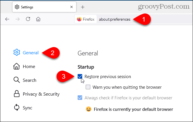 Във Firefox изберете Възстановяване на предишната сесия