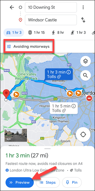Google Maps мобилен маршрут без магистрали