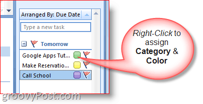 Лента със задачи на Outlook 2007 - щракнете с десния бутон върху задачата, за да изберете цветове и категория