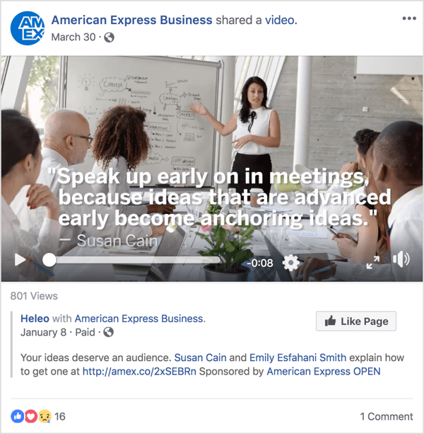 Тази реклама във Facebook за American Express Business включва Сюзън Кейн, известен експерт по лидерство и мениджмънт, постигнал слава с неотдавнашен TED Talk.