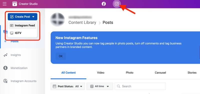 Опции за публикуване в Instagram в Creator Studio