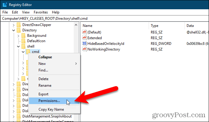 Изберете Разрешения за ключ в редактора на системния регистър на Windows