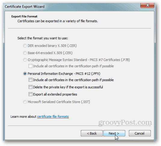Експорт на сертификати за Windows - Приемайте по подразбиране
