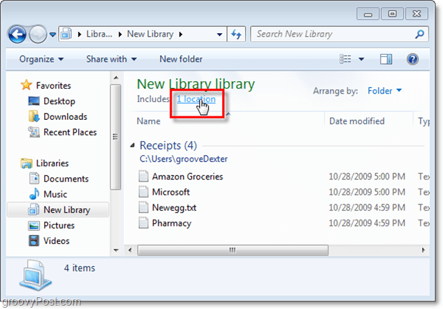 натиснете връзката за местоположение, за да зададете добавяне на нови местоположения в библиотеката на Windows