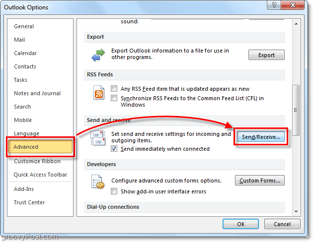разширени опции за изпращане и получаване в Outlook 2010