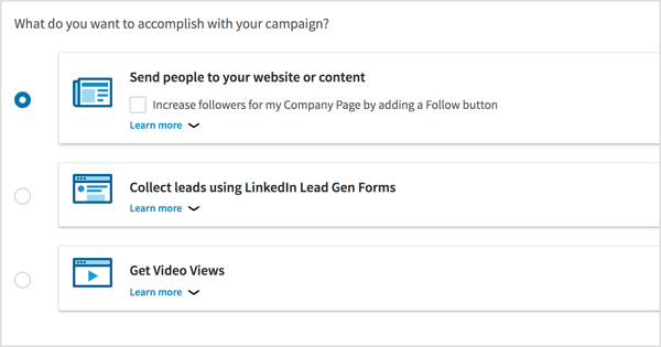 Изберете целта на кампанията за вашата видеорекламна кампания LinkedIn.