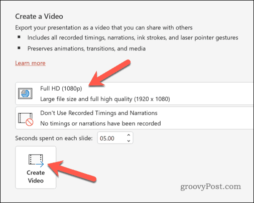 Опции за експортиране на PowerPoint като видео