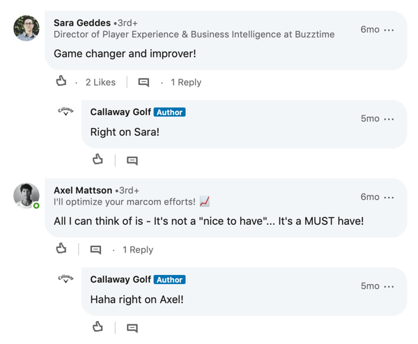 Коментари на членове на LinkedIn за публикация Callaway Golf