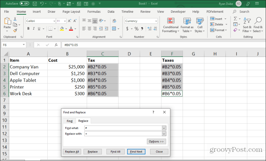търсене и замяна на формула в Excel
