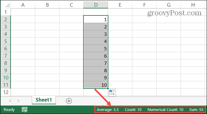 Лента на състоянието на Excel за избрани клетки
