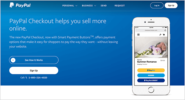 Това е екранна снимка на уеб страницата на услугата PayPal Checkout. Има син фон и бял текст. Заглавие казва „PayPal Checkout ви помага да продавате повече онлайн“. Под заглавието се появяват два бутона: син, обозначен See How It Работи и бял с надпис Регистрация. Вдясно има изображение на смартфон с функцията PayPal Checkout на мобилен телефон уебсайт.