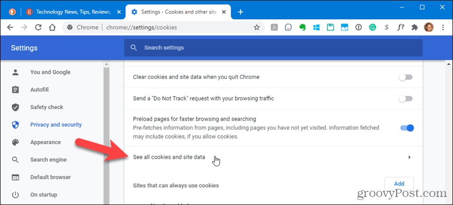 Щракнете върху Преглед на всички бисквитки и данни за сайтове в настройките на Chrome