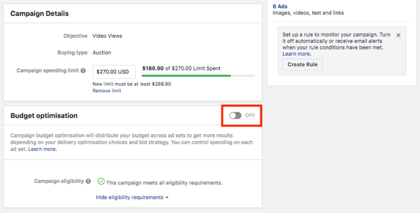 Опция за оптимизиране на бюджета на кампанията във Facebook.