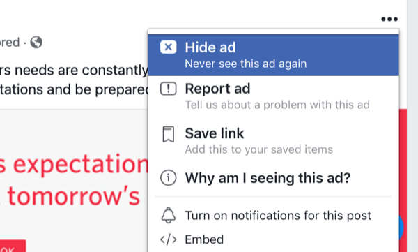 опции за скриване на реклами във Facebook в емисия