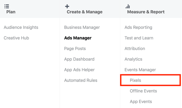 Използвайте инструмента за настройка на събития във Facebook, стъпка 1, опция от менюто „Пиксели“ във Facebook Ads Manager