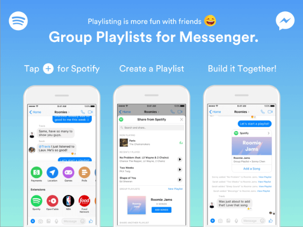 Spotify разшири функционалността в своя бот Messenger, за да позволи на групите да създават плейлисти директно от приложението Messenger.