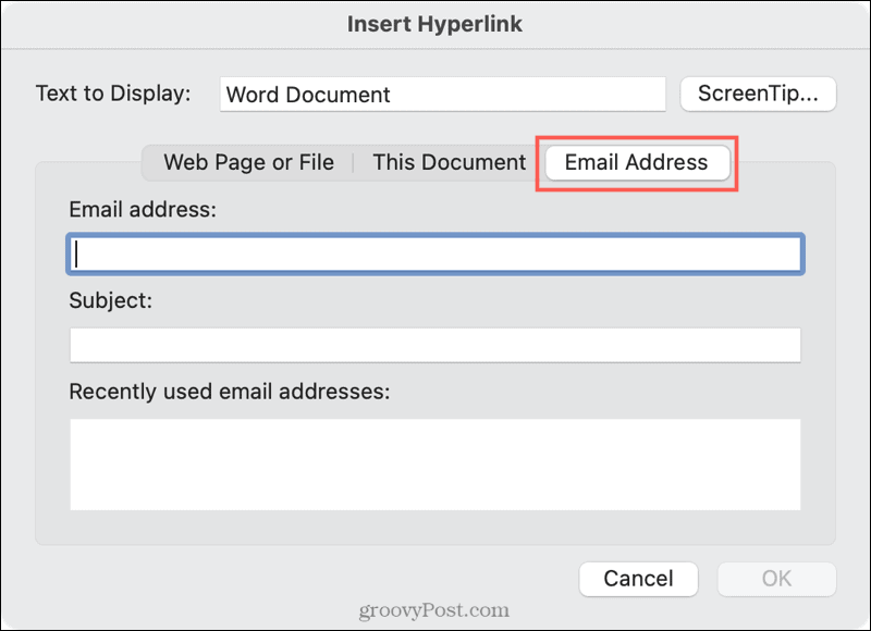 Връзка към имейл в Word на Mac
