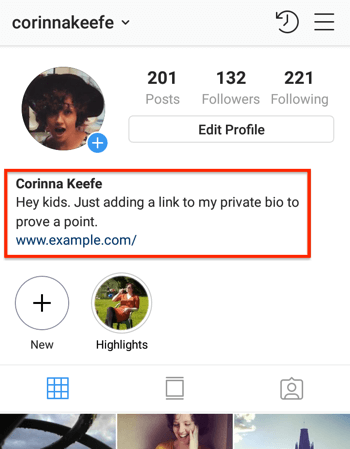Как да добавите или споделите връзка към Instagram, пример 1.