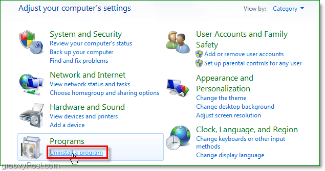 щракнете върху деинсталиране на програма, за да продължите премахването, т.е. от Windows 7