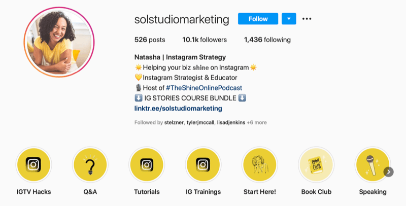 снимка на екрана на Sol Studio Marketing Instagram акаунт биография