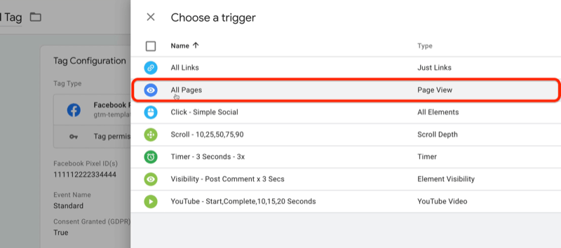 google tag manager нов маркер с изберете опции на менюто за задействане с всички избрани и маркирани страници