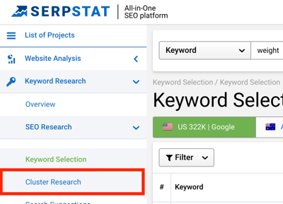 Изберете Cluster Research в левия прозорец за достъп до инструмента в Serpstat.